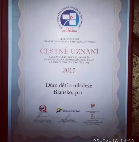 Čestné uznání v Ceně hejtmana za společenskou odpovědnost