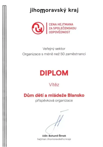 Diplom za vítězství v Ceně hejtmana za společenskou odpovědnost